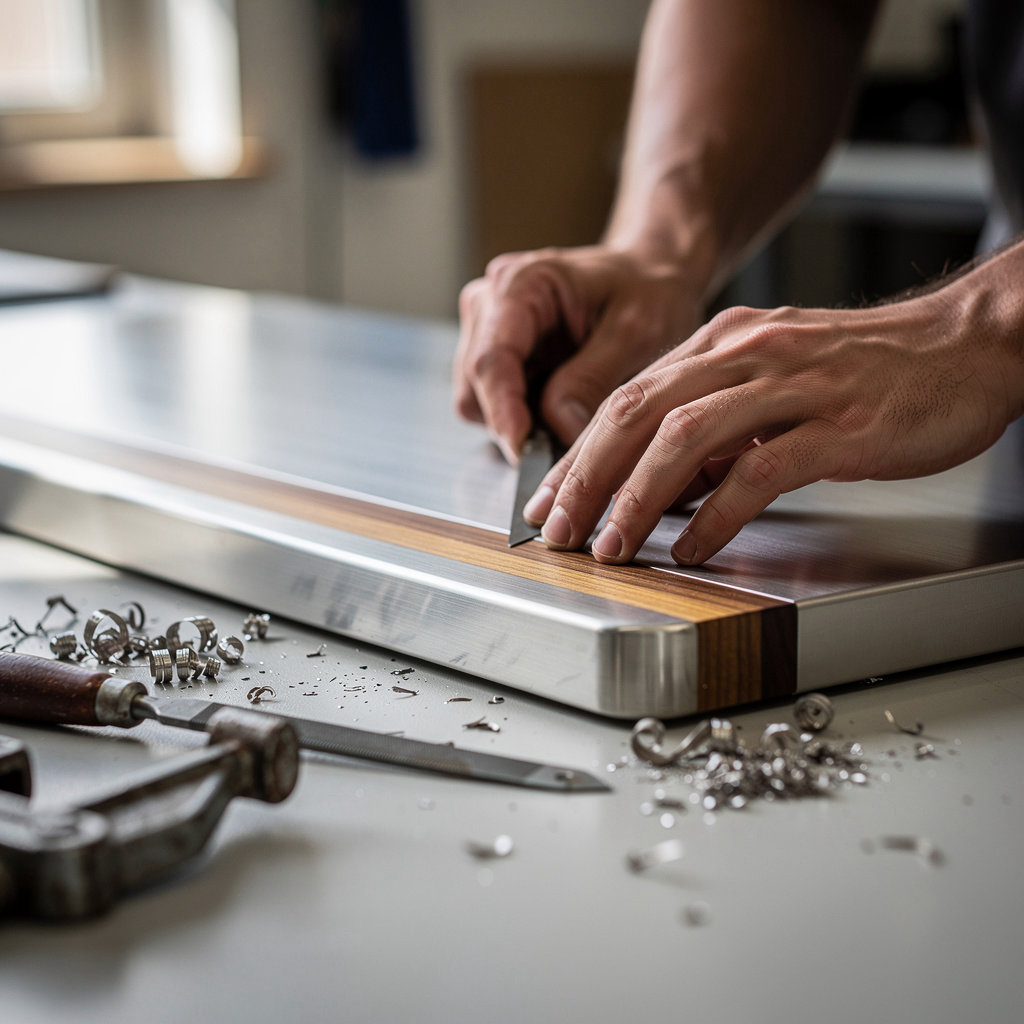Frankenstein Metalworks artisan crafting a custom metal cutting board in Santa Barbara, California workshop